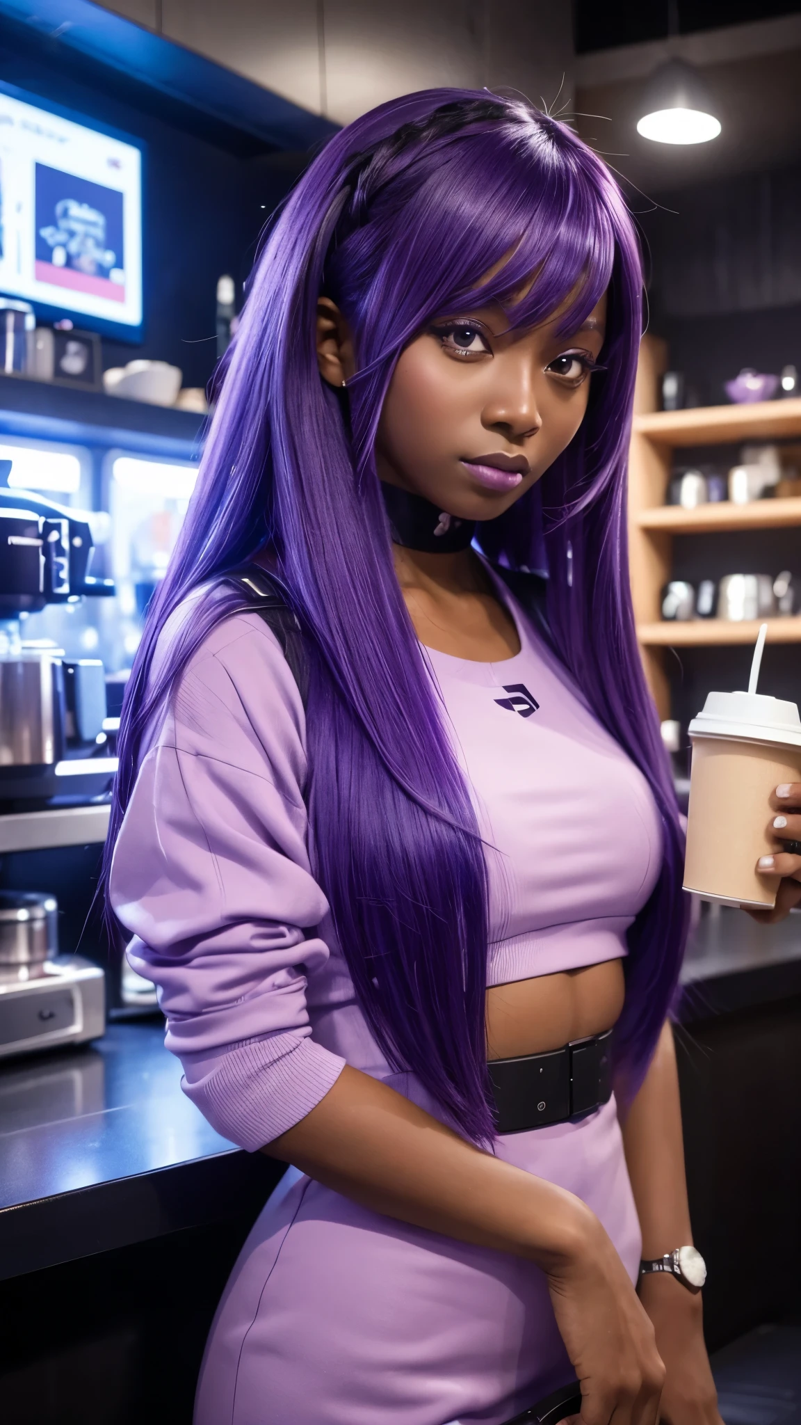 Futuristic Girl, Dark Skin, Purple eyes, space, Purple Hair, Blue Hair, Pink Hair, Long Hair, Dark Skin, Futuristic Coffee Shop