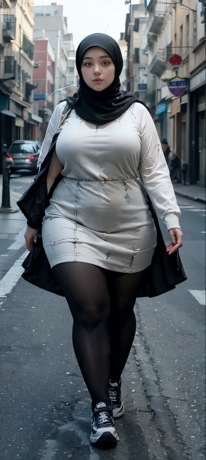 Milky white skin woman in black dress and hijab walking down the street, , hijab outfit, , hijab fashion model, plus size, plus size woman, , woman in black robes, beautiful woman, thicc, black outfit,, bbwchan , white sneakers , Height 170 cm, beautiful woman, with a beautiful appearance, a very beautiful masterpiece, a masterpiece of art, good lighting, Bright colors, Clean lines