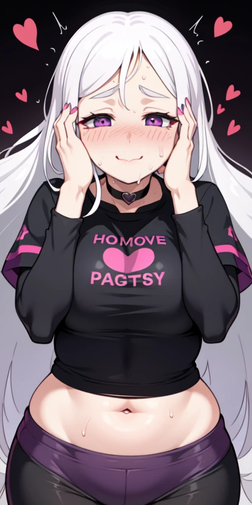 1girl,heart-shaped pupils,fingernails,hands on own face,white hair,purple eyes,(blush:1.1),choker,upper body,trembling,sweat,sweatdrop,heart,(speed lines:1.1),medium , ((heavy breathing:1.3)), love, heart, crop top, happy, smile