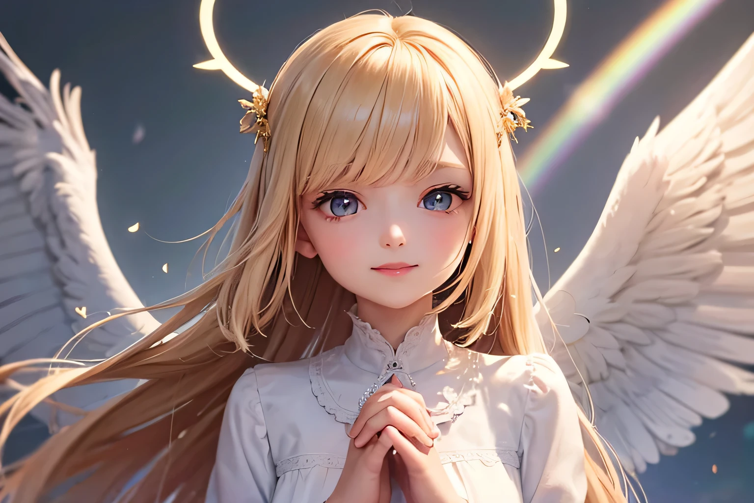 Top quality masterpiece, Highest quality and official artistic standards, Featuring beautiful and visually stunning angel girls:1.3. This piece is very ingenious, rich in color, Exquisitely crafted down to the last detail, Vibrant, Vibrant, A unique visual experience. Optical blending technology brings playful patterns、Add depth to your artwork。, Enhances overall texture and color richness,Close-up portrait, Beautiful angel, Cute Smile, alone,One Angel, White-winged angel,Angel Wings,Angel Wings,Angel Halo, wheel light,angel halo,elegant, Pink color matching,Angel in prayer pose,Smiling Angel,Smiling Angel,close eyes,Half Shot,Western-style blouse,Bob Hair,Beauty,1angel,Delicate and high resolution,Precise,praying,Light Blue Null,Powder of light flutters,Flare,慈like,mercy,like,happiness,Divine,Fluffy clothes,Lustrous skin,Clear skin,White skin,Thin eyebrows,Bright blonde hair,rainbow,Silky Hair,Shiny and delicate hair,A real-life angel,Young,young,pastel colour,null,Top view,Wide-open eyes,Cheerful girl,Long sleeve blouse,Lolita,Kind Face,White blouse,Drooping eyes,Bright pink clothes,Wavy hair blowing in the wind,Short Bob Hair,pastel colourの髪,A background full of dreams and hopes,noon,Light of the sun,rainbow,Adult Angel