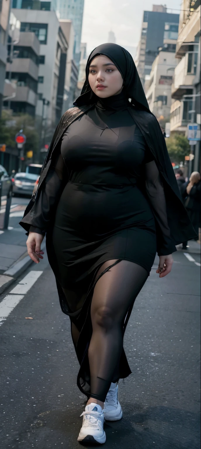 Milky white skin woman in black dress and hijab walking down the street, ,  hijab outfit, ,  hijab fashion model, plus size, plus size woman, ,  woman in black robes, beautiful woman, thicc, black outfit,, bbwchan , white sneakers , Height 170 cm, beautiful woman, with a beautiful appearance, a very beautiful masterpiece, a masterpiece of art, good lighting, Bright colors, Clean lines