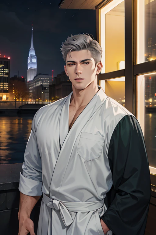 (absurd, high resolution, super detailed, realistic,), 1 male, soloist, adult, mature, tall muscular face, wide shoulders, handsome, large hair, gray hair, green eyes, angular chin, thick neck, thick eyebrows, night, dark, night view from the city background, bathrobe, upper body