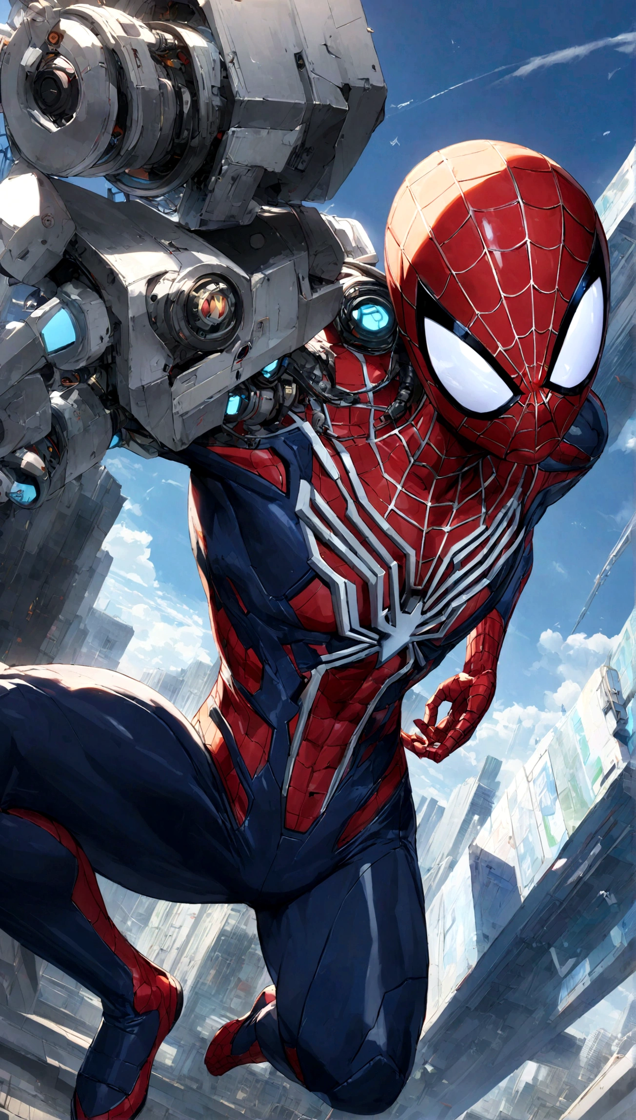 A Spider-Man in Cybernetic City, ultra detail, high resolution, anime, companies