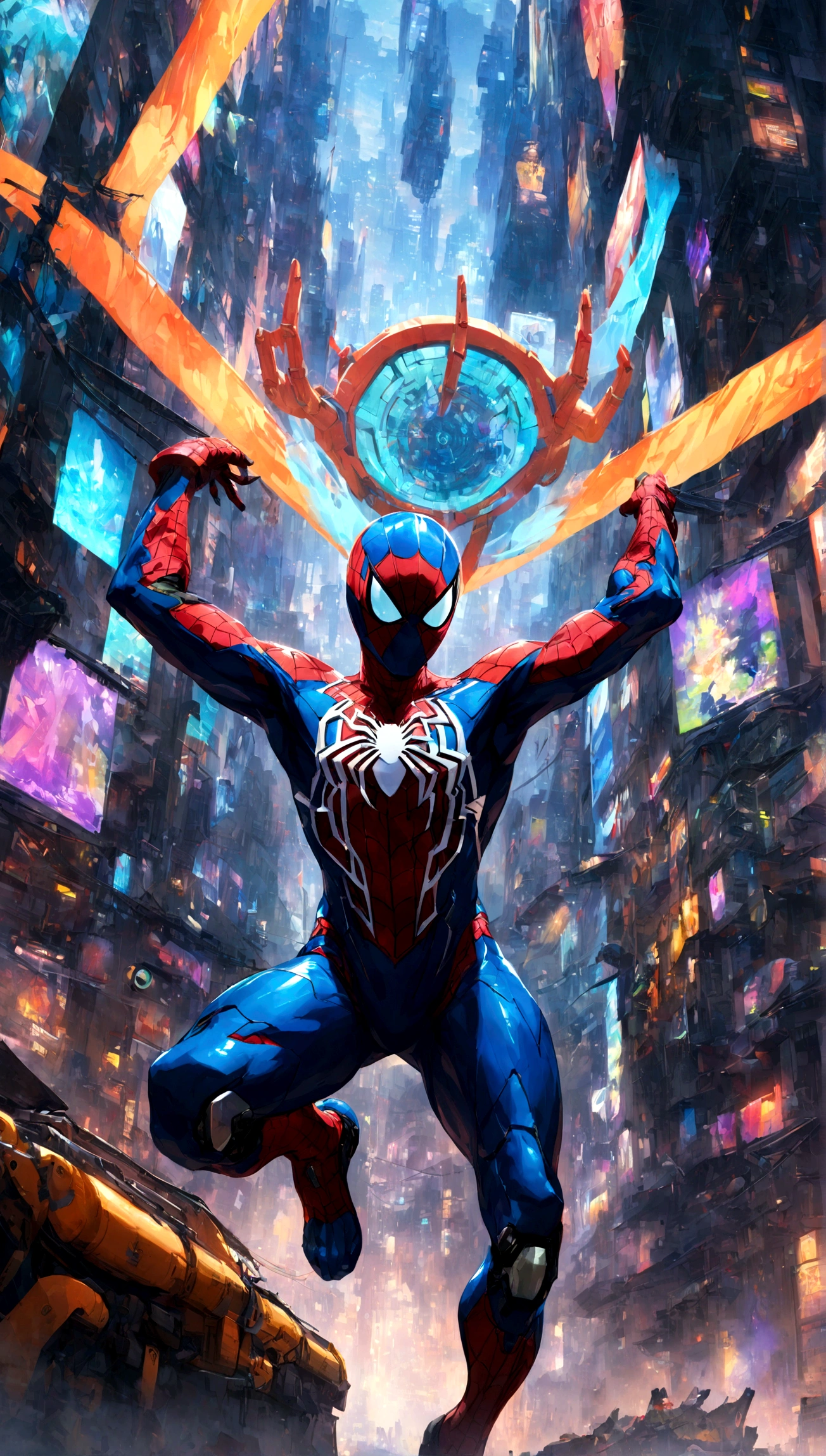 A Spider-Man in Cybernetic City, ultra detail, high resolution, anime, companies