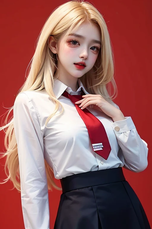 (muste piece), (best quality), very detailed,1girl,blonde long hair,wear a red shirt, collar, long tie,long sleeve,deep blue skirt,standing,smile, black background