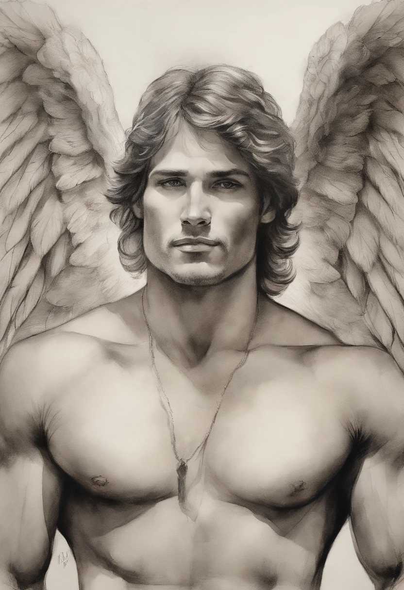 A zoomed in view of a handsome and sexy young man with angel wings , capturado em cores , his eyes looking directly at the viewer with an intense expression, his features etched with a sense of mystery and allure, cercado por tufos de neblina, adding an ethereal touch, Escultura,  Homen sexy Bonito atletico beleza italiana angelical com asas e plumas . Aquarela tinta pintura. Textura de tintas aquarela pingos e respingos de tinta. Corpo inteiro nu pelado, penis wake.  Male sexy nude