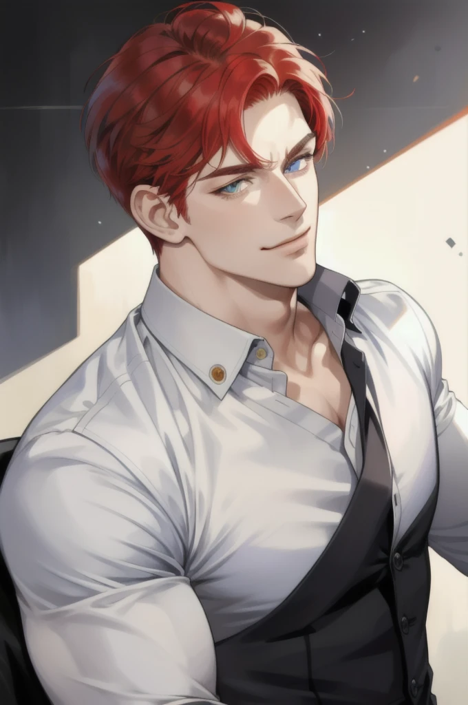 masterpiece, best quality, realistic, 1man, mature man, muscular tall, handsome, smile, closed mouth, portrait, extremely detailed face, (short hair), (red hair), (heterochromia in eyes)