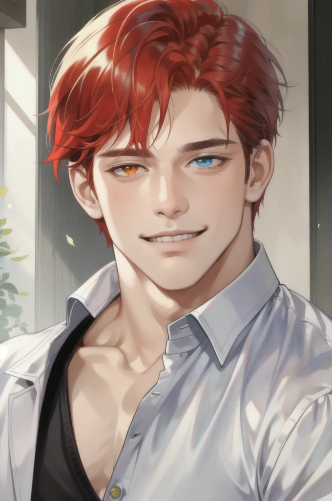 masterpiece, best quality, realistic, 1man, mature man, muscular tall, handsome, smile, closed mouth, portrait, extremely detailed face, (short hair), (red hair), (heterochromia in eyes)