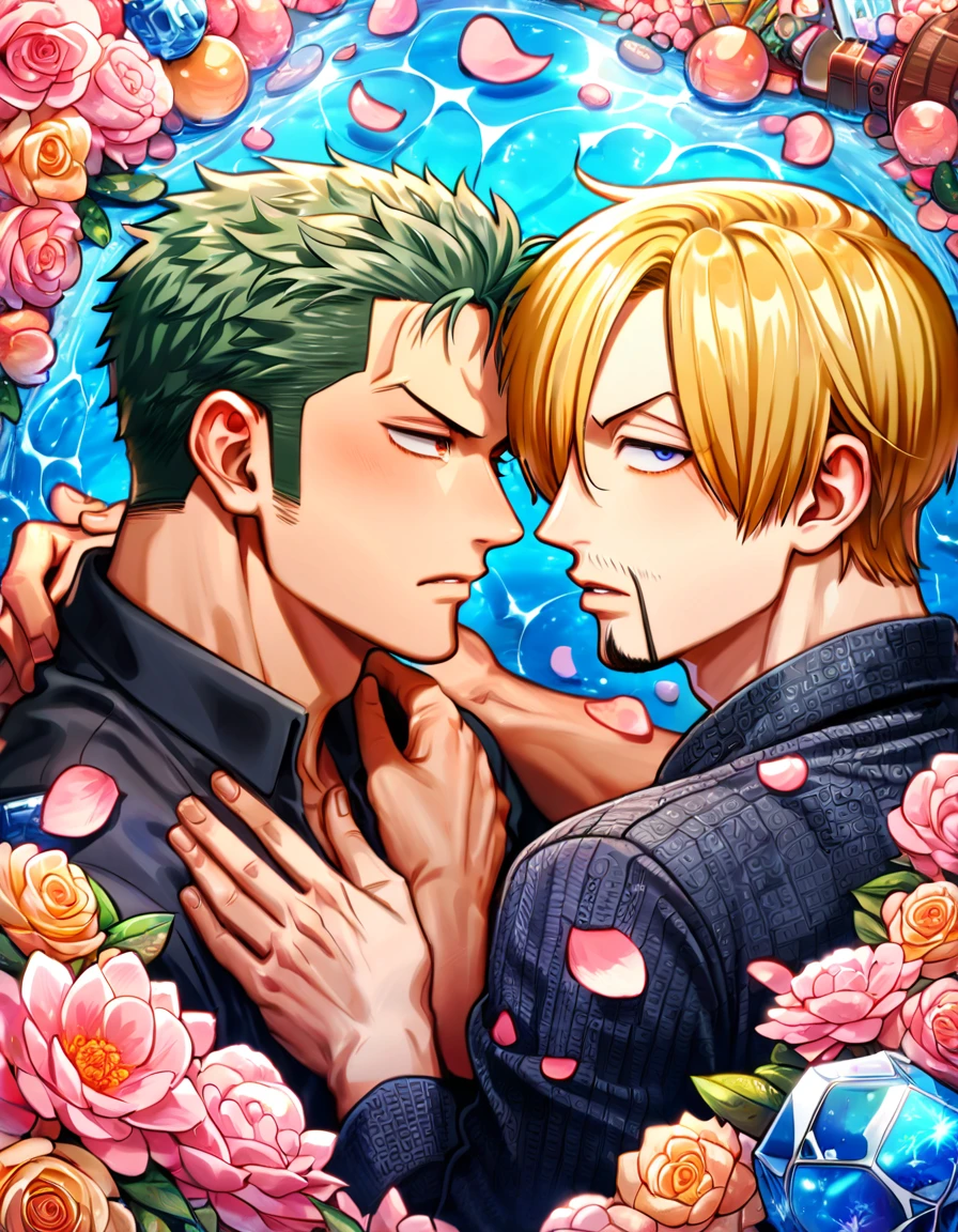 absurdres, highres, ultra detailed, HDR, master piece, best quality, Sanji, blonde hair, expressive blue eyes, one piece, Roronoa Zoro, green hair, expressive brown eyes, two sexy men together, gay couple, yaoi, handsome, black clothes, patterns, water, pink flowers, pink blossoms, pink butterflies, pink petals