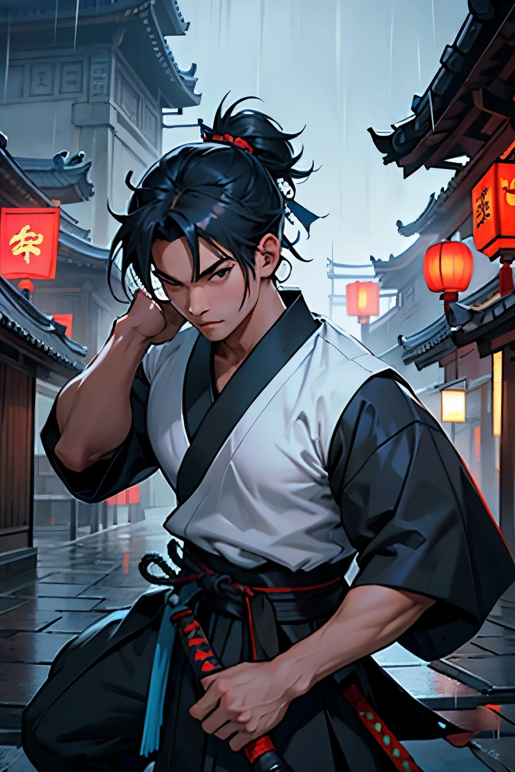 Make a samurai. Sua roupa e azul e preto. He is in China. he's on top of a roof. The weather is raining. Esta de noite.