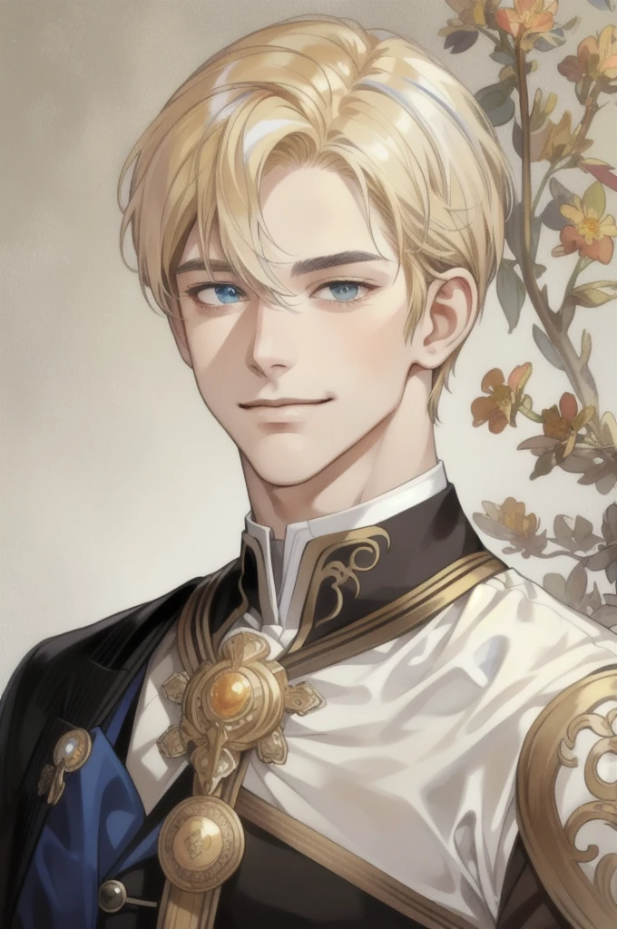 masterpiece, best quality, realistic, 1man, mature man, muscular tall, handsome, smile, closed mouth, portrait, extremely detailed face, (short hair), (golden hair), (heterochromia in eyes)