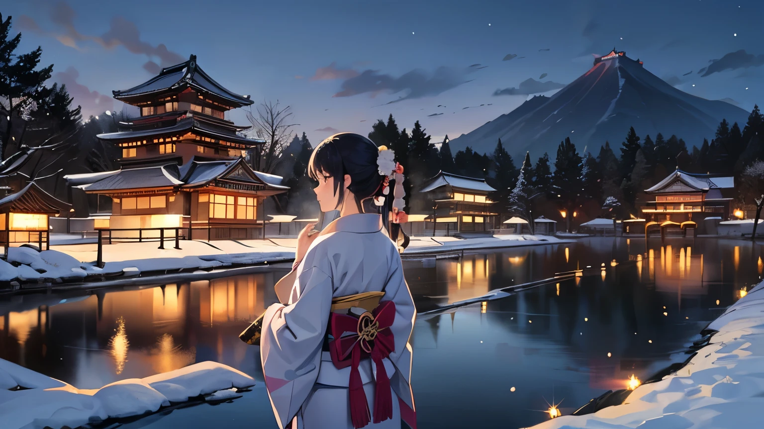 Lo-fi illustrations、Japanese Castles、Aizuwakamatsu Castle(High Depiction)、Ishigaki、winter、Wearing a kimono20Back view of a woman in her 20s、The woman is one of the screen/Size 7 and below、Snow Scene、