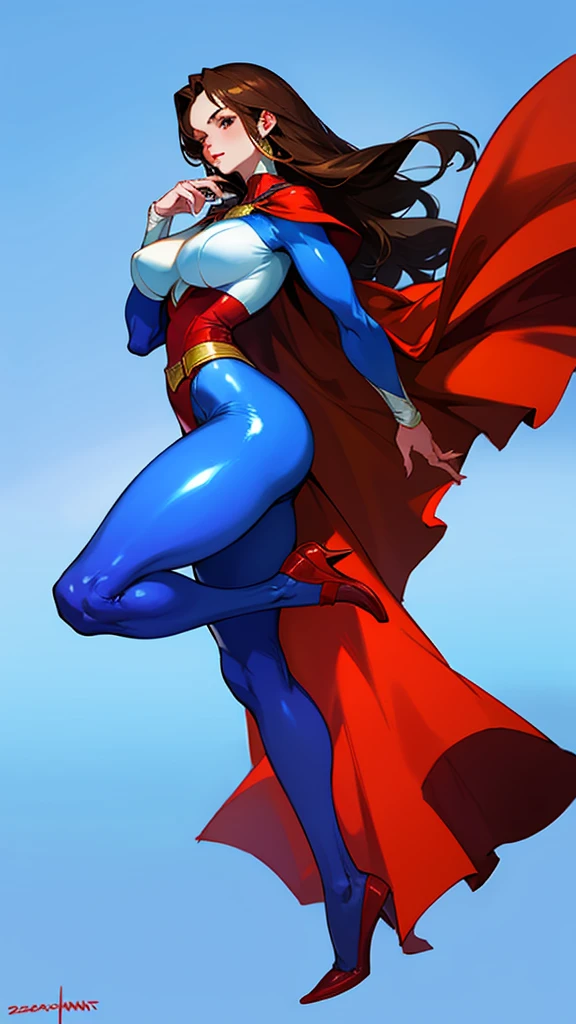 a beautiful girl with long brown hair, white skin, big breasts and butt, long and slender legs, wearing a blue shiny full-coverage tight-fitting Superman suit, red cloak,  realistic style, full body portrait