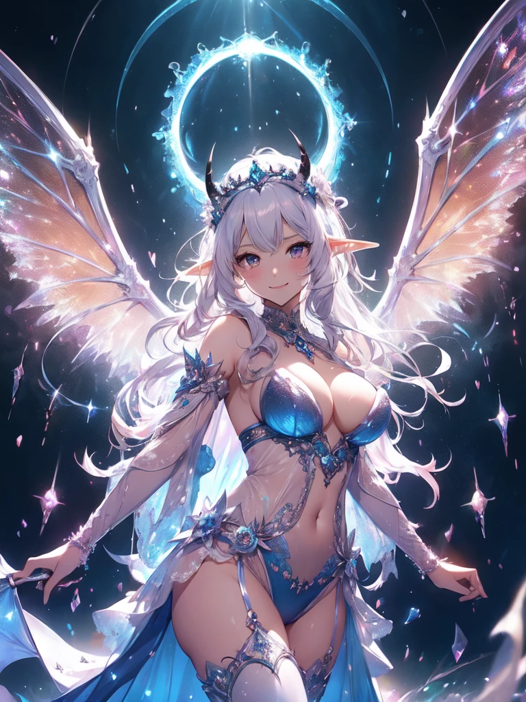 最高quality、1 woman elf、The Strongest Succubus、 Intense movement、Welcome with open arms、Big welcome!、Flashy Effects、Like in the anime、action、Giant demon staff、 NP: 最悪のquality , fractal art ((Squint your eyes and laugh、))((優しく見下すsmile ))SMqueen、Orgasm、Ecstasy、Bigger on the front、 Beautiful sparkle,High-definition depiction, Realistic, 8k, Unity, ,Bold shots,Giant Devil's Wings、黒colorに輝く翼、、 light smile, Beautifully and vividly drawn, , Beautiful, beautiful, clear skin、A beautifully decorated magic wand with a sparkling glow、Giant horns、 demon king、tiara、Beautifully decorated horns、 , Beautiful Landscape、 Romanticism,mosquito。 The most beautiful form of chaos, Mr..々color, Intertwined flowers, P article,Magical gentle light,smile,,image quality、masterpiece、Beautiful Face、Super beautiful elf woman((Big breasted 22 year old office lady、Bust 90,Beautiful long ironed hair、Silver Hair、height: 165cm。、Esbian、、高quality、、Visual Arts、最high quality、1 woman elf NP: Worst quality ,beautiful fractal art Marble pillar、、、light、Beautiful radiance,High-definition depiction, Realistic, 8k, Unity, , light smile, Beautifully and vividly drawn, , Beautiful, beautiful, clear skin、 ((see-through bodystocking,))Countless rays of light pouring down, Swirling Light, big background, , Intense light is emitted from the magic circle in front of the girl. Romanticism,Cowboy Shot: quality