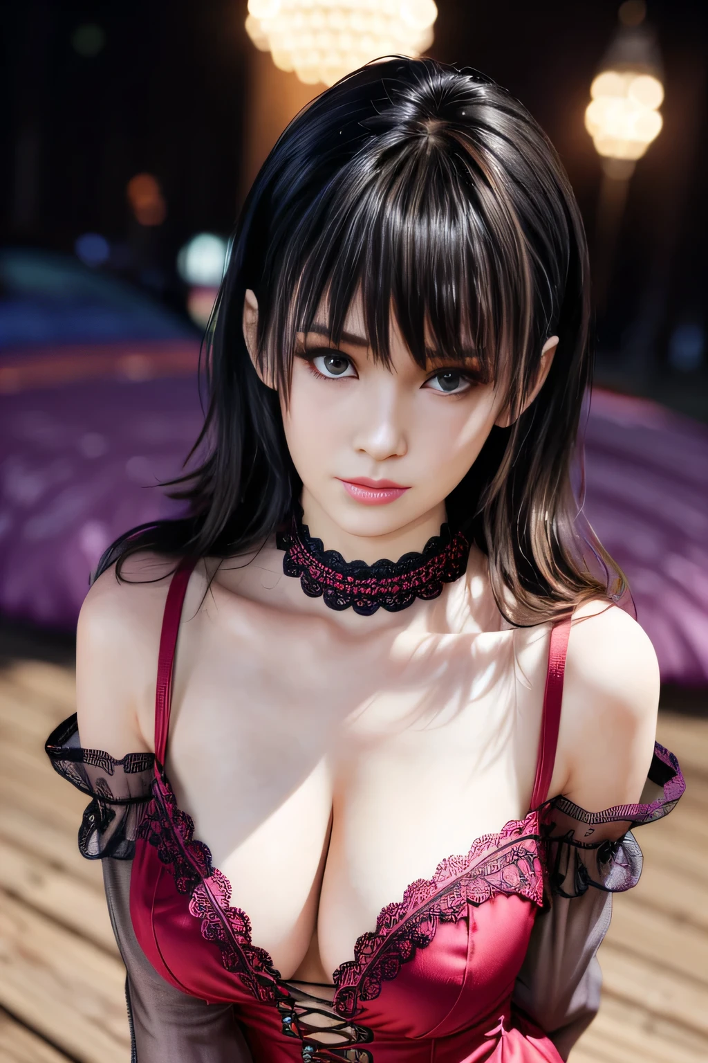 1girl, red dress, structured bodice, sweetheart neckline, delicate lace details, two-third length sleeves, glowing hair, purple hair, pink hair, huge breasts, lactation, starry background, elegance, magical atmosphere, (soft lighting:1.5), serene, graceful, beautiful detailed eyes, beautiful detailed lips, extremely detailed face, long eyelashes, standing pose, focus on thighs and above, (best quality, 4k, 8k, highres, masterpiece:1.2), ultra-detailed, (realistic, photorealistic, photo-realistic:1.37), vibrant colors, Nanami