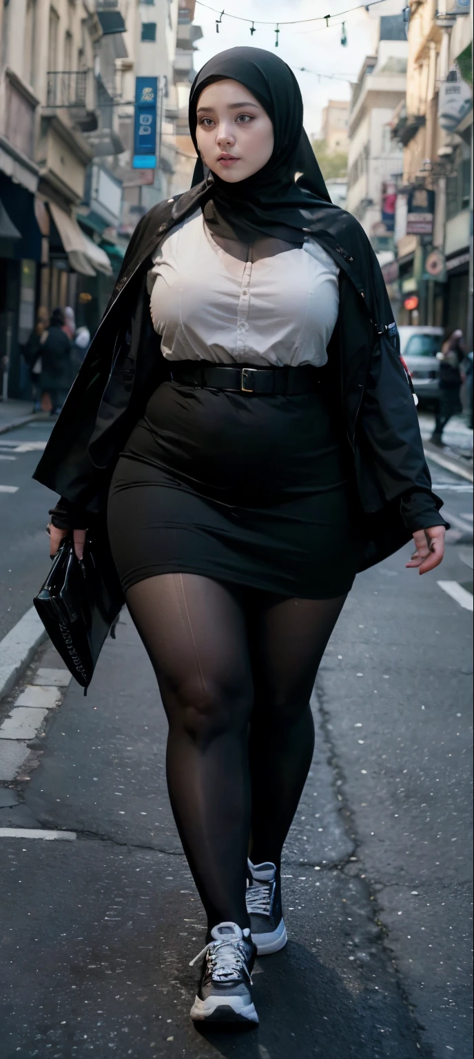 Milky white skin woman in black dress and hijab walking down the street, , hijab outfit, , hijab fashion model, plus size, plus size woman, , woman in black robes, beautiful woman, thicc, black outfit,, bbwchan , white sneakers , Height 170 cm, beautiful woman, with a beautiful appearance, a very beautiful masterpiece, a masterpiece of art, good lighting, Bright colors, Clean lines