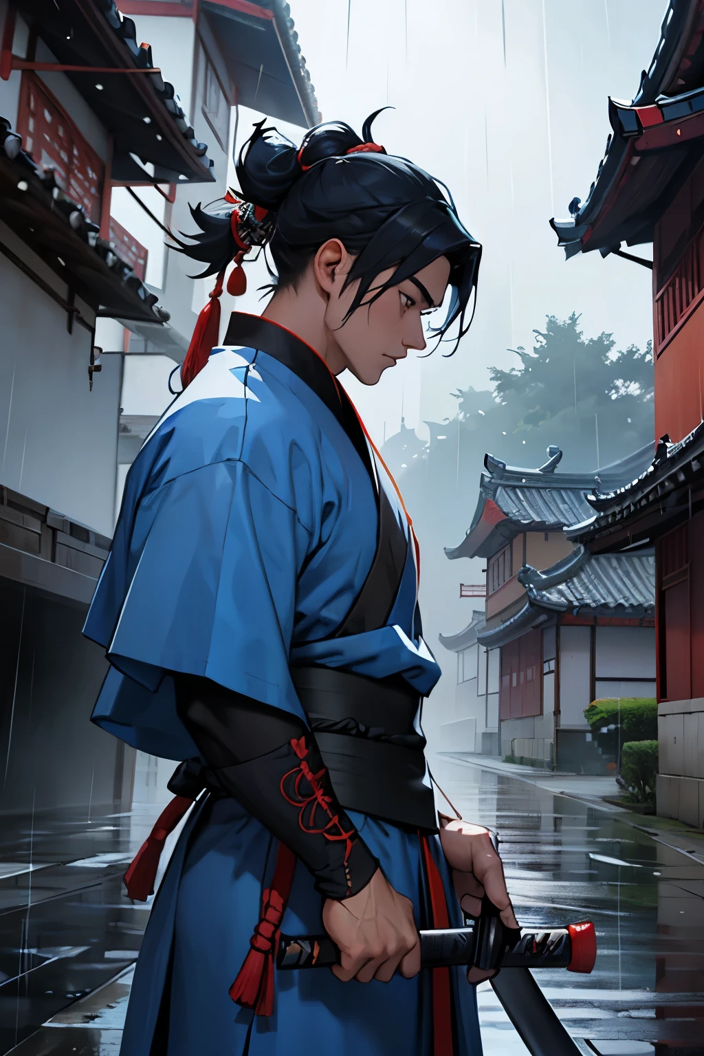 Make a samurai. Sua roupa e azul. He is in China. he's on top of a roof. The weather is raining. Esta de noite.