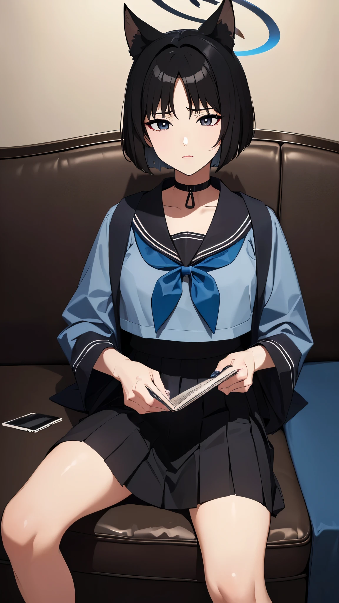 ((8K resolution))、((highest quality))、((masterpiece))、((Very detailed))((((dramatic))), (Anatomically correct)、The depth of the object to write、front、one person、kikyou, short hair, animal ears, black hair, halo, blue halo, , serafuku, sailor collar, choker, black eyes, skirt, pleated skirt, black skirt、sofa、sleep