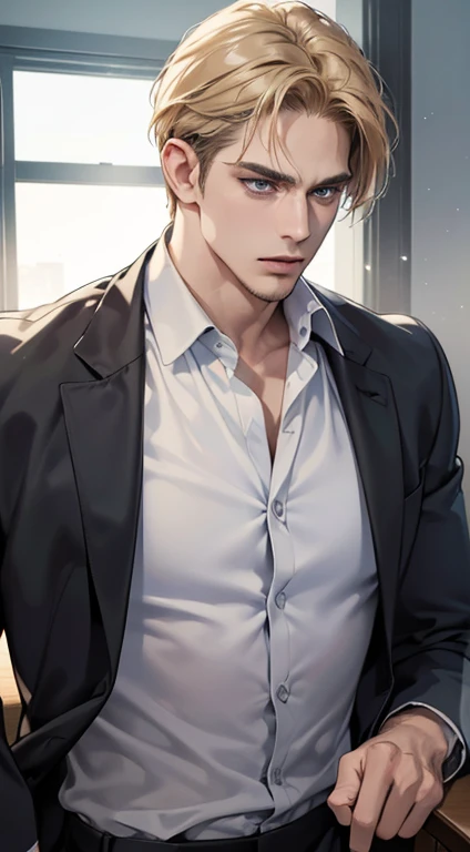 (best quality, masterpiece, 8K, photorealistic, cinematic lighting, hdr image, ultra detailed, beautiful image), 1 man, 31 years old, mature man, very handsome, (without expression, serious), short golden hair, blue grey eyes ( penetrating gaze), perfect face without errors, imposing posture, without errors, businessman, office background