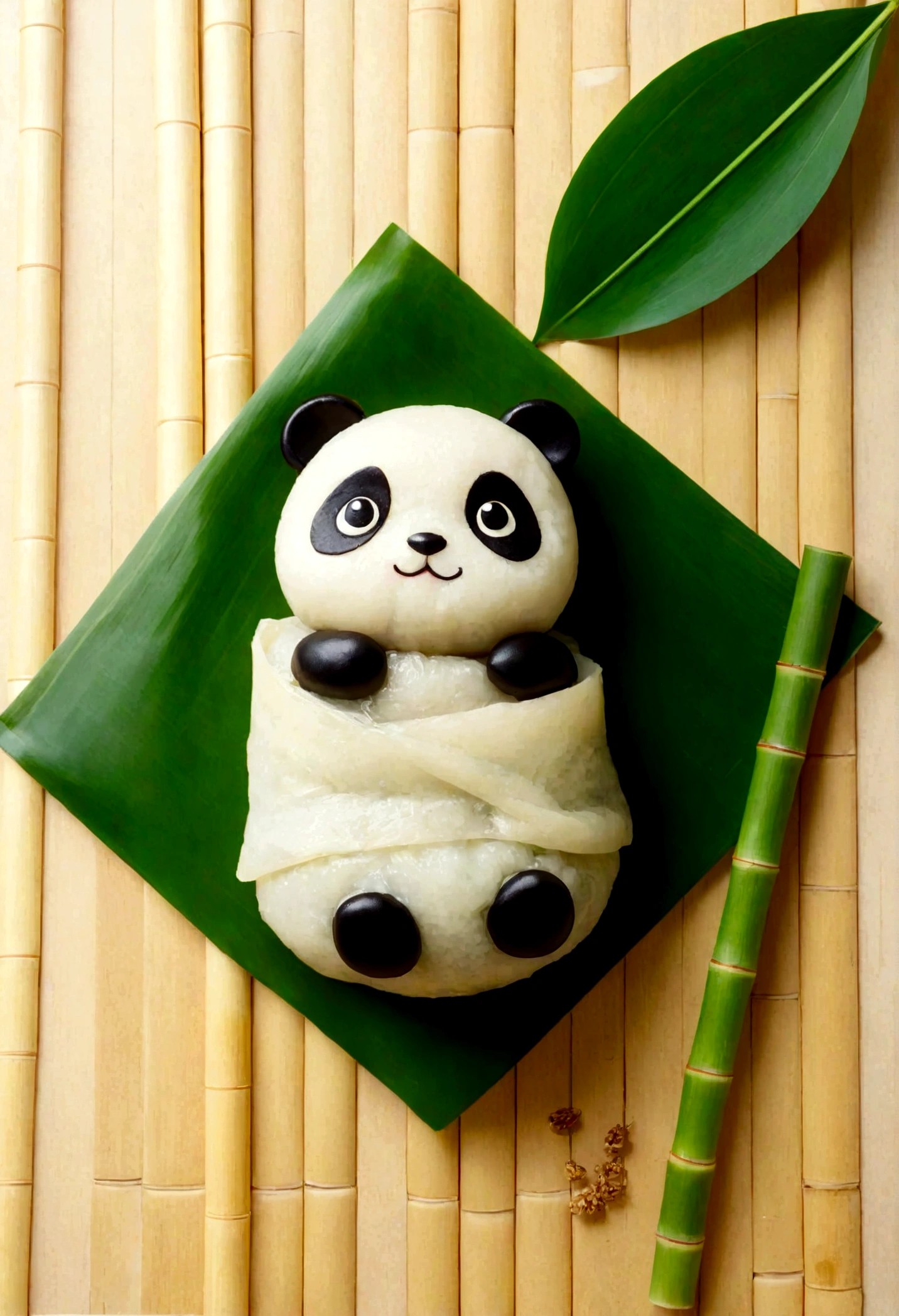 A panda-shaped rice dumpling,Made of glutinous rice,Cute expression,The lower body is wrapped in zong leaves,Head sticking out of the bamboo leaves,Equally spaced,Cartoon Style,Macro lens,Studio light,Bold color scheme