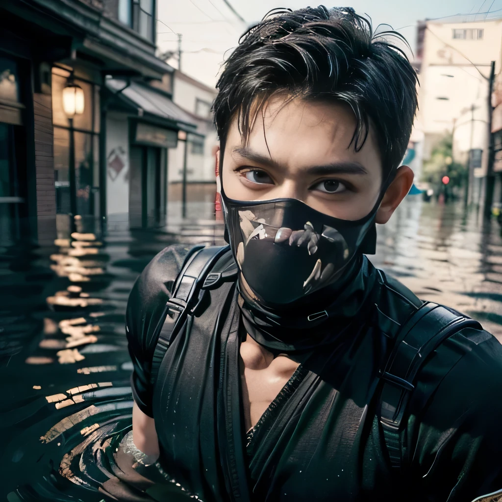 raw photo , 8K, ultra detailed, (realistic:1.2), (1man, ninja, mask:1.6), 30yo,(flood:1.4), (close up)