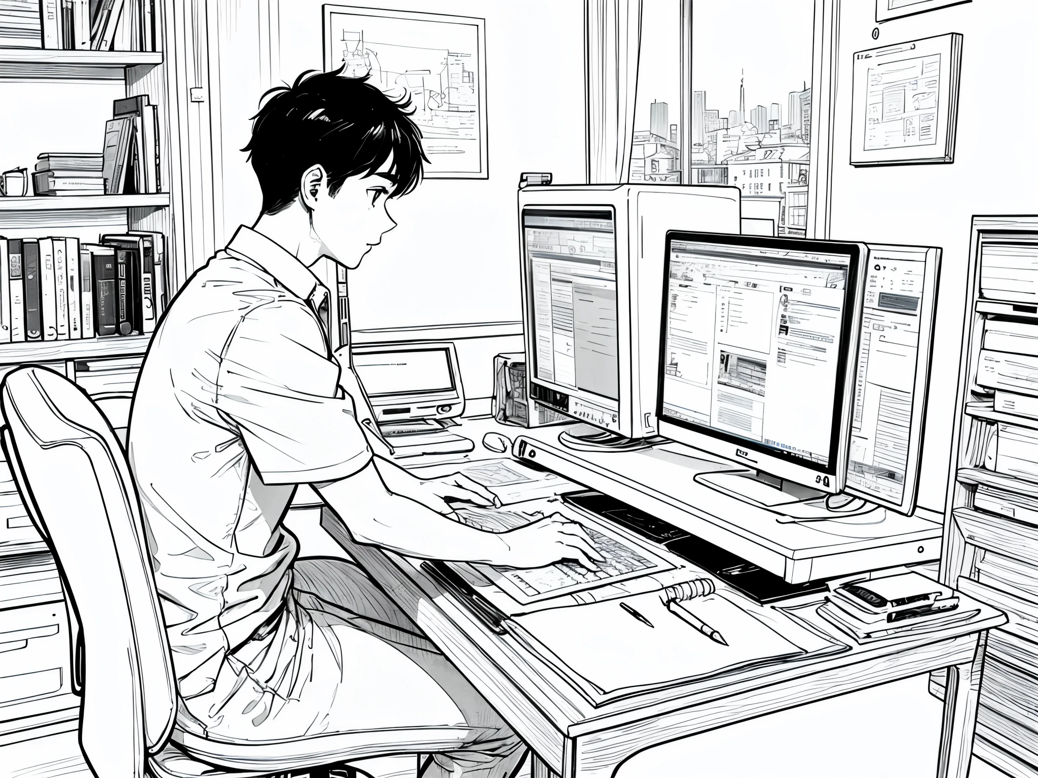 A boy uses it on the desktop,(),sketch,Line drawing,Smooth lines,pen and ink