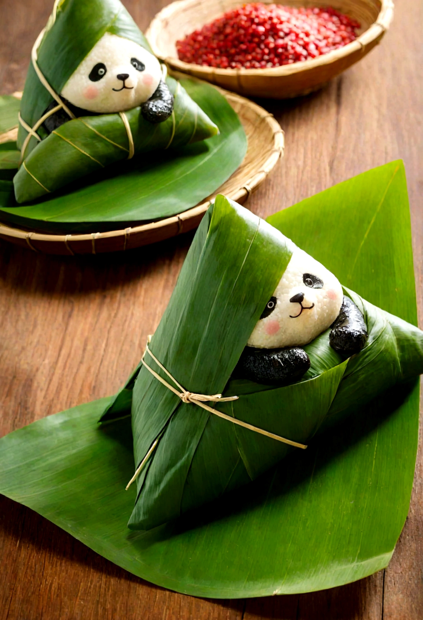 A panda-shaped zongzi, made of glutinous rice, has a cute expression, the lower half of the body is wrapped in tapered leaves, the head sticking out of the leaves, equidistant, cartoon-style, Macro Lens, studio light, nature, soft lighting, film grain, cowboy shot, epiCPhoto