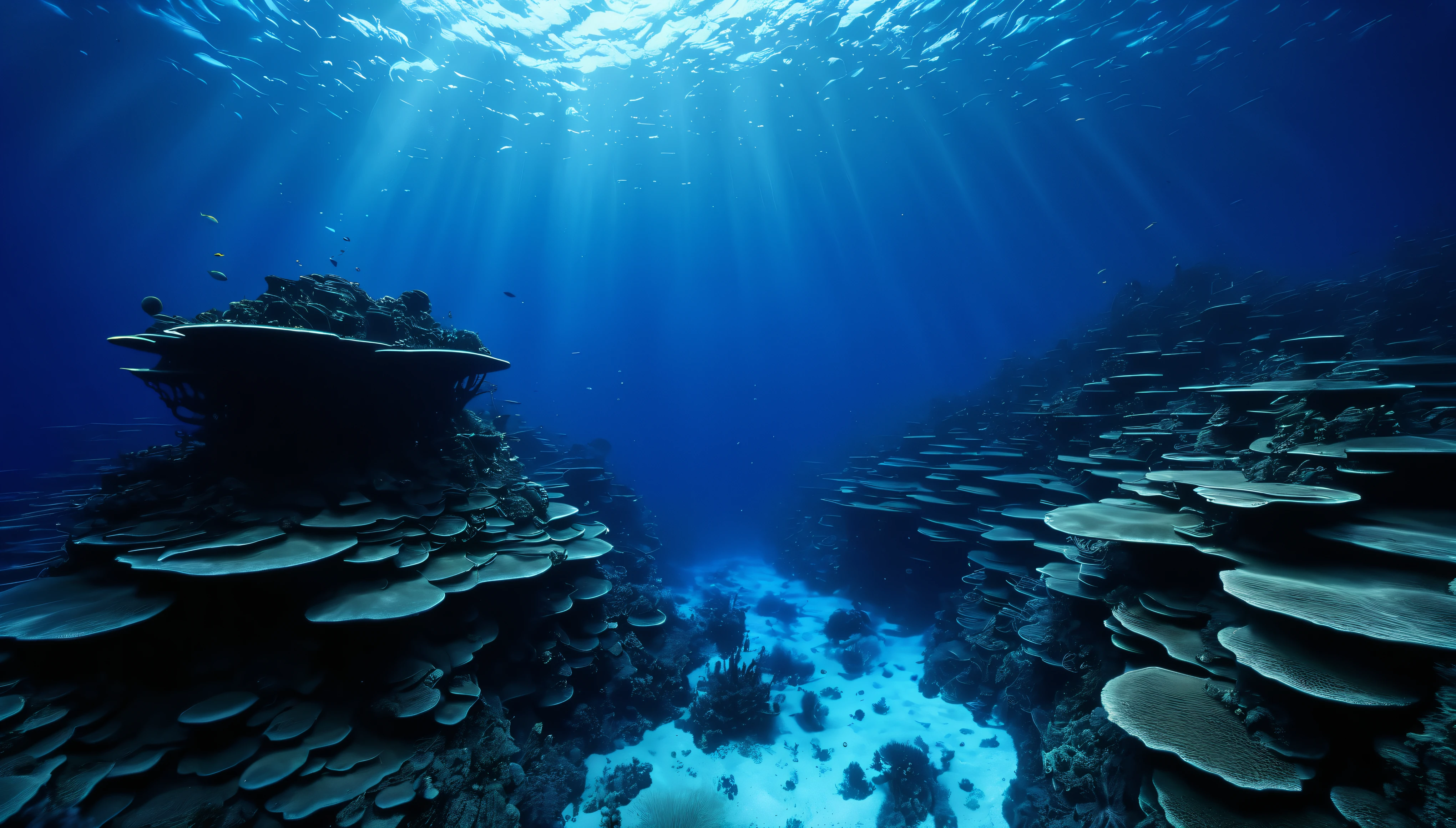 scenery, ultra detailed, 8k, abyss, in the sea, deep sea, deep blue, blue, real, raw photo