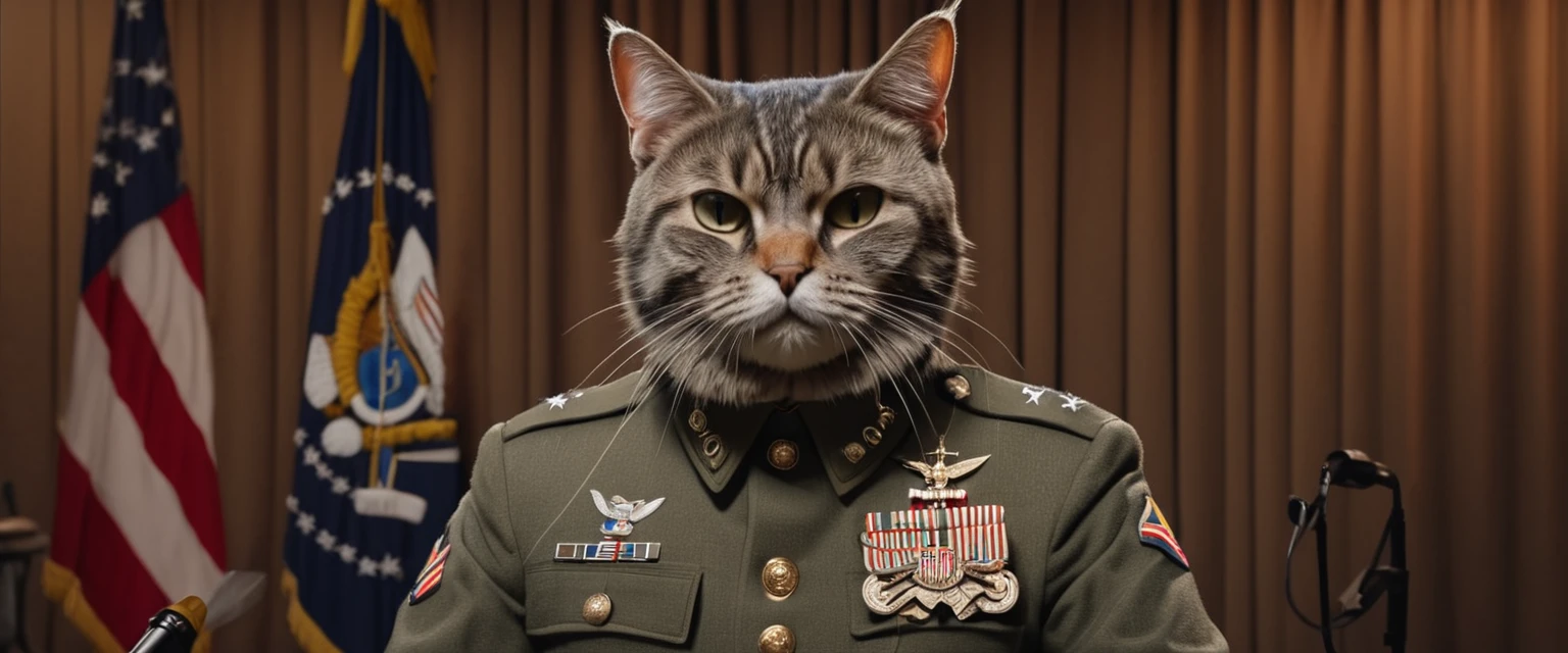 a 5-star general anthropomorphic cat in full american military uniform giving a press conference,highly detailed,photorealistic,intricate details,masterpiece,hyperrealistic,super sharp focus,8k,extremely detailed,cinematic lighting,dramatic lighting,warm color tones,military insignia,military medals,microphone,press conference backdrop,serious facial expression,looking at camera