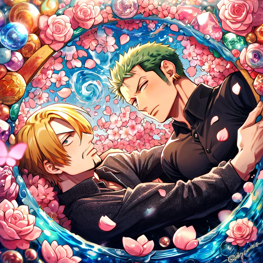 absurdres, highres, ultra detailed, HDR, master piece, best quality, Sanji, blonde hair, expressive blue eyes, one piece, Roronoa Zoro, green hair, expressive brown eyes, two sexy men together, gay couple, yaoi, handsome, black clothes, patterns, water, pink flowers, pink blossoms, pink butterflies, pink petals