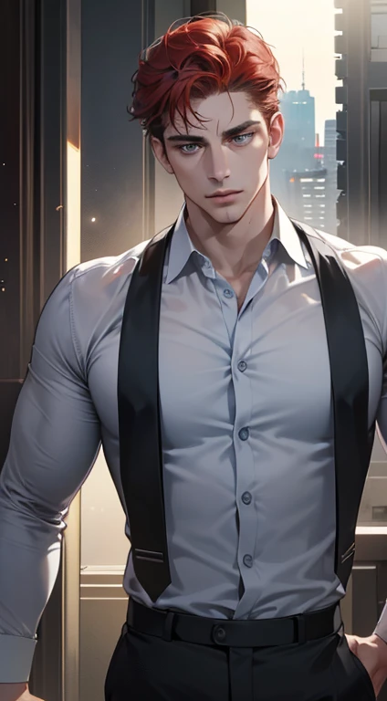 (best quality, masterpiece, 8K, photorealistic, cinematic lighting, hdr image, ultra detailed, beautiful image), 1 man, 31 years old, mature man, very handsome, (without expression, serious), short red hair, blue grey eyes ( penetrating gaze), perfect face without errors, imposing posture, without errors, businessman, office background
