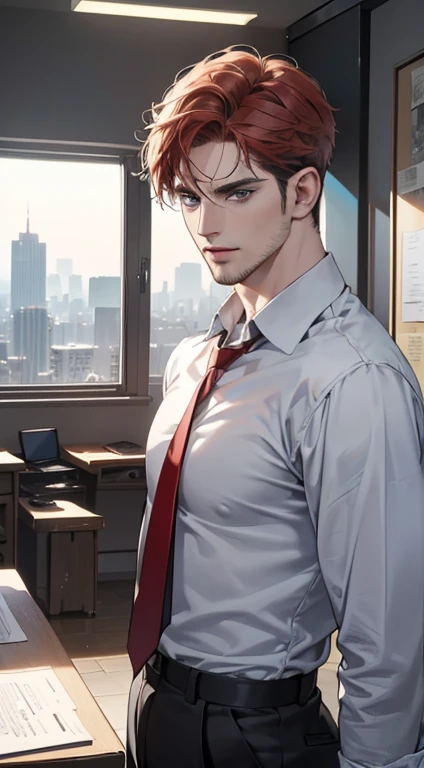 (best quality, masterpiece, 8K, photorealistic, cinematic lighting, hdr image, ultra detailed, beautiful image), 1 man, 31 years old, mature man, very handsome, (without expression, serious), short red hair, blue grey eyes ( penetrating gaze), perfect face without errors, imposing posture, without errors, businessman, office background
