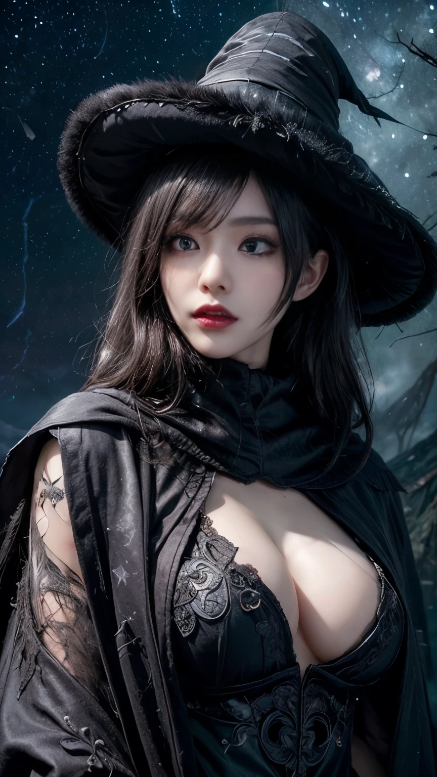(Fatal Beauty,A fascinating villain,witch) ,(A supple and powerful physique),(Sensual charm),(Mysterious charm:1.1),(Captivating silhouette),(highest quality,High resolution:1.2),(dark,Threatening:1.1),((dark horror theme:1.5),(Thriller:1.5)),(Dark fantasy:1.5), (((Countless stars fly away:1.5),(Absurd:1.5),(wonderful:1.5))),Woman in a Red Dress, (Powerful figures:1.1),(((Big Breasts))),(((Fiery crown:1.1))),prime color,Urban,Very detailed,masterpiece,Intricate details,Faded,Very detailed, Eye for details,Intricate details,暗くてSpooky atmosphere, Spiritual Beings, 忘れられないほどbeautiful, Ghostly figures, Shadow-like shape, Spooky whispers, Ominous Aura, Goth Maiden, Very dark彼女の目, Like dazzling fur in a starless haze,Her Mogul Snaps, Mysterious Cemetery,Black hair swaying in the moonlight, She summons darkness, (beautiful: 1.7), (Black Hat: 1.6), (An intricately decorated jet-black cloak: 1.6), (Delicately decorated cloak, although it is damaged: 1.5), Hypermaximalist, Breathtaking oil paintings, Surreal, Ultra-realistic digital illustrations that mimic the style of oil paintings, Seamlessly blending the psychedelic visionary art of Alex Grey with the physio-mechanical aesthetic of HR Giger. wonderful構成, (Eyes Shining:1.6)、(Glowing Eyes:1.1),(hellish landscape:1.1),(fire,sulfur:1.1),(Threatening atmosphere:1.1),(dark shadows,Threatening presence:1.1),(Unlucky Clouds,Stormy Skies:1.1),(dark,Spooky atmosphere:1.1),(Aura of misfortune,Evil energy:1.1),(dark aura,cigarette:1.1),(Extreme heat,Burning Flames:1.1),(Nightmare Visions:1.1),(Predicting the end:1.1),(Whispers of misfortune,Devilish laughter:1.1),(Cry of pain,echoing screams:1.1),(Bad luck symbol,Ancient runes:1.1),(Mysterious Relic,dark 美術ifacts:1.1),(Infernal Ritual,Ritual sacrifice:1.1),(Eternal Ruin,A hopeless existence:1.1), Inspired by the background of the abandoned mecha. Art created by Craig Mullins, Necrostyle., Detailed Description, Futuristic sci-fi scene. Focus on SF concept art, Vivid colors and sharp focus.