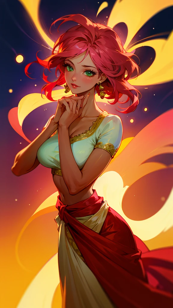 (masterpiece, topquality:1.2), 8k, 32k, ultrarealistic, a mesmerizing blend of tradition and elegance, beautiful bride, graceful saree, exquisite jewelry, perfect green eyes, detailed lips, beautiful face, huge breasts, 1 girl, solo shoot, fullbody view, pink hair, cinematic lighting, vivid colors, photorealistic, intricate details, ornate background, ethereal atmosphere, elegant pose, serene expression