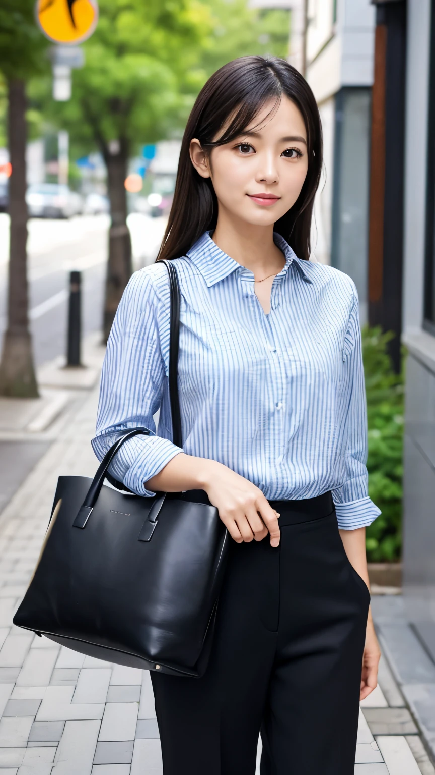 Japanese、Outdoor、Date、30 years old、A randomly generated person with diverse facial features hairstyle、Perfect Anatomy,Office Casual、Striped blouse、Black tapered trousers、loafers、Simple watches、Leather Tote Bag