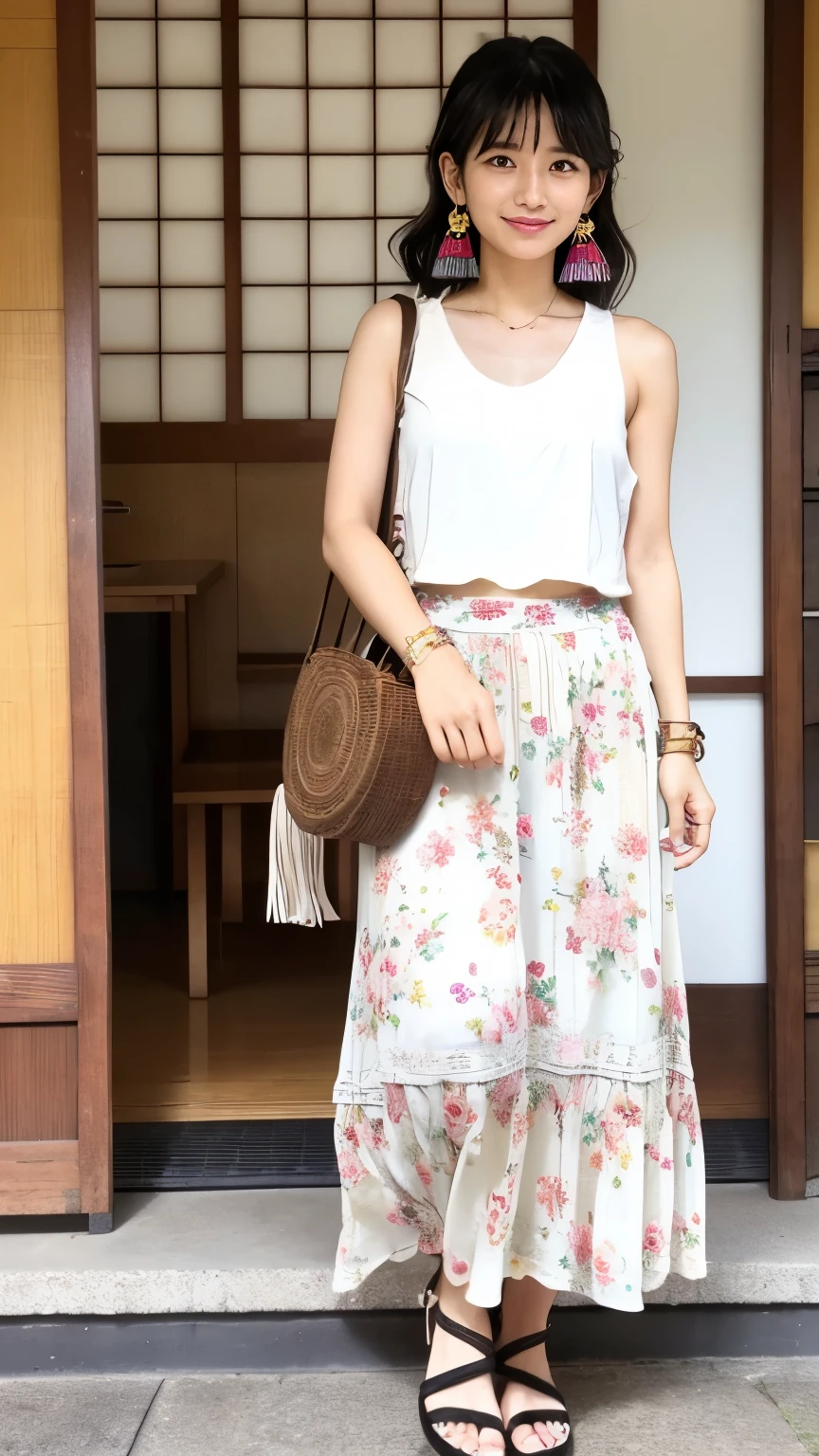 Japanese、30 years old、A randomly generated person with diverse facial features hairstyle、Perfect Anatomy,Bohemian style、Floral print maxi skirt、White crop top、Sandals、Tassel Earrings、Fringed shoulder bag