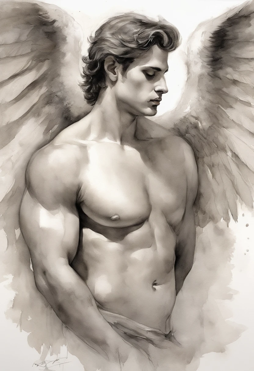 A zoomed in view of a handsome and y young man with angel wings , capturado em cores , his eyes looking directly at the viewer with an intense expression, his features etched with a sense of mystery and allure, cercado por tufos de neblina, adding an ethereal touch, Escultura, Homen sexonito atletico beleza italiana angelical com asas e plumas . Aquarela tinta pintura. Textura de tintas aquarela pingos e respingos de tinta. Corpo inteiro nu pelado, penis Male sexy nude