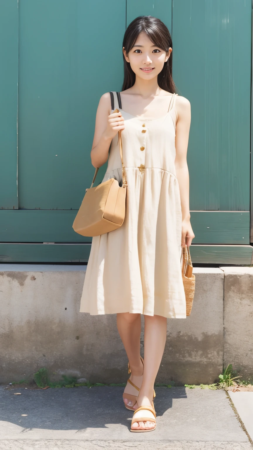 Japanese、30 years old、A randomly generated person with diverse facial features hairstyle、Perfect Anatomy,Natural style、Light beige linen dress、Strap sandals、Simple gold accessories、Crossbody Bags