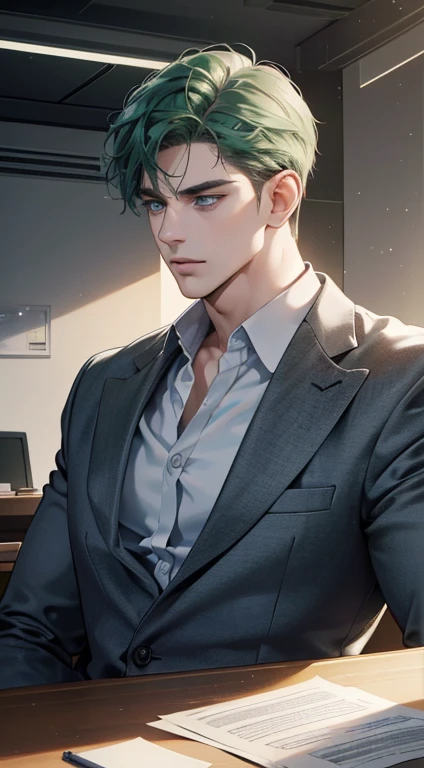 (best quality, masterpiece, 8K, photorealistic, cinematic lighting, hdr image, ultra detailed, beautiful image), 1 man, 31 years old, mature man, very handsome, (without expression, serious), short green hair, blue grey eyes ( penetrating gaze), perfect face without errors, imposing posture, without errors, businessman, office background
