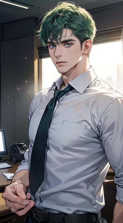 (best quality, masterpiece, 8K, photorealistic, cinematic lighting, hdr image, ultra detailed, beautiful image), 1 man, 31 years old, mature man, very handsome, (without expression, serious), short green hair, blue grey eyes ( penetrating gaze), perfect face without errors, imposing posture, without errors, businessman, office background