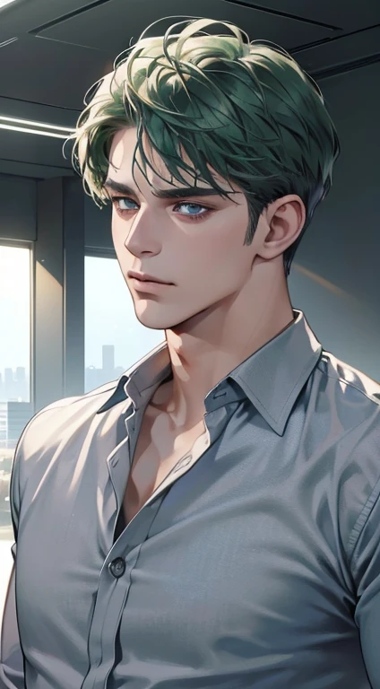 (best quality, masterpiece, 8K, photorealistic, cinematic lighting, hdr image, ultra detailed, beautiful image), 1 man, 31 years old, mature man, very handsome, (without expression, serious), short green hair, blue grey eyes ( penetrating gaze), perfect face without errors, imposing posture, without errors, businessman, office background