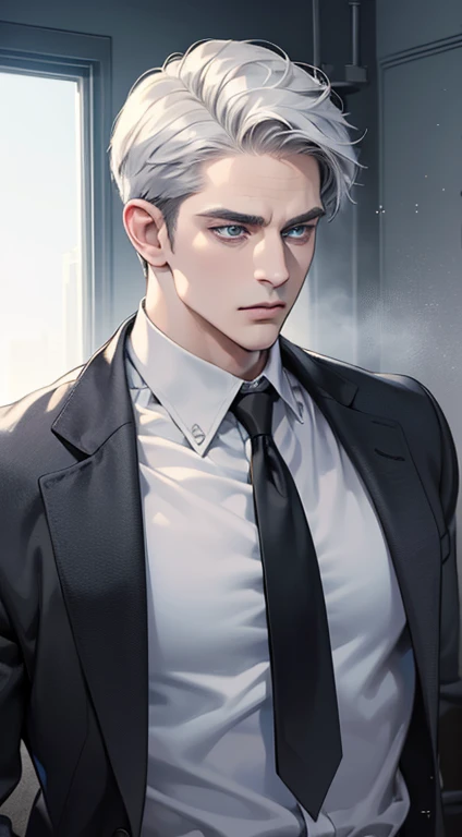 (best quality, masterpiece, 8K, photorealistic, cinematic lighting, hdr image, ultra detailed, beautiful image), 1 man, 31 years old, mature man, very handsome, (without expression, serious), short white hair, blue grey eyes ( penetrating gaze), perfect face without errors, imposing posture, without errors, businessman, office background