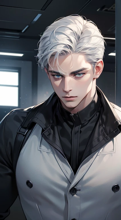 (best quality, masterpiece, 8K, photorealistic, cinematic lighting, hdr image, ultra detailed, beautiful image), 1 man, 31 years old, man, very handsome, (without expression, serious), short white hair, blue grey eyes ( penetrating gaze), perfect face without errors, imposing posture, without errors, businessman, office background