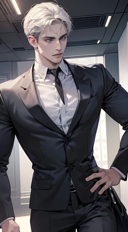 (best quality, masterpiece, 8K, photorealistic, cinematic lighting, hdr image, ultra detailed, beautiful image), 1 man, 31 years old, mature man, very handsome, (without expression, serious), short white hair, blue grey eyes ( penetrating gaze), perfect face without errors, imposing posture, without errors, businessman, office background