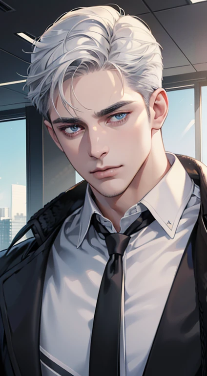 (best quality, masterpiece, 8K, photorealistic, cinematic lighting, hdr image, ultra detailed, beautiful image), 1 man, 31 years old, mature man, very handsome, (without expression, serious), short white hair, blue grey eyes ( penetrating gaze), perfect face without errors, imposing posture, without errors, businessman, office background