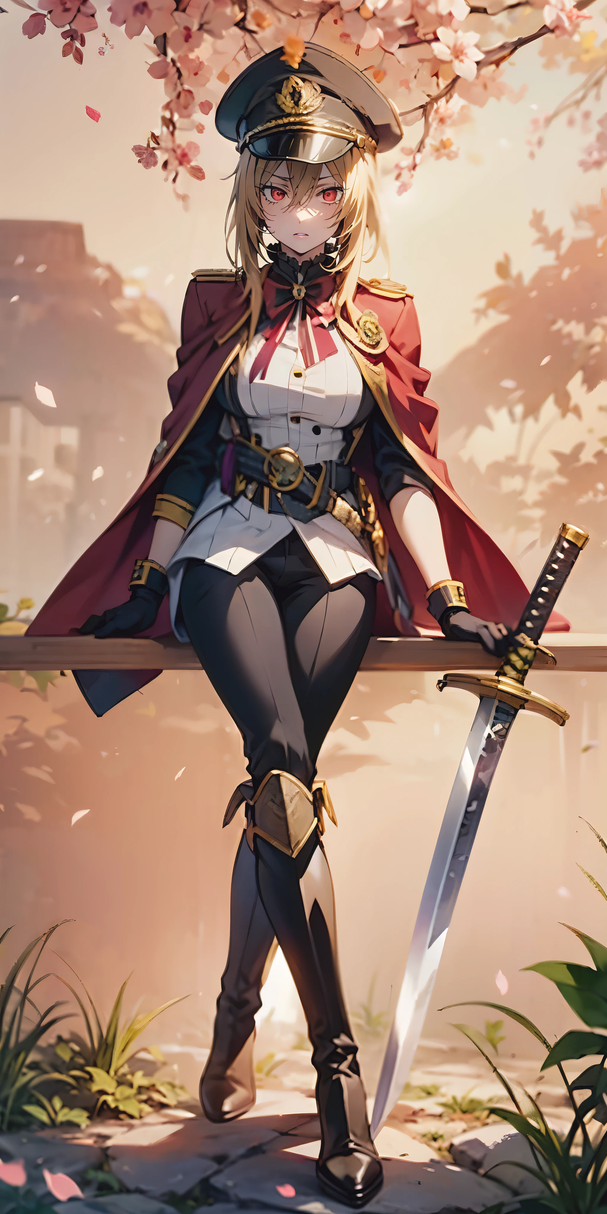 AngelicaV4, hair bun, braid, blonde hair, red eyes, curvy, anatomical correct, 1girl, solo, looking at viewer, bangs, gloves, long sleeves, hat, jacket, full body, weapon, boots, falling petals, sakura, wall, rock, plant, flower, spotlight, wood, belt, pants, sword, white gloves, cape, black footwear, uniform, military, black headwear, military uniform, buttons, black pants, knee boots, crossed legs, katana, sheath, peaked cap, sheathed, military hat, hollow eyes, red eyes, lips, cheek, expressionless, glaring eyes, upper teeth, magic, 