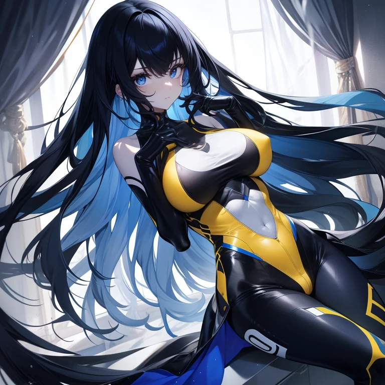 1 tall woman. long beautiful hair. big amazing eyes. ((best quality)). Asymmetrical skin-tight body suit, blue and yellow. Asymmetrical white and black hair. android.
