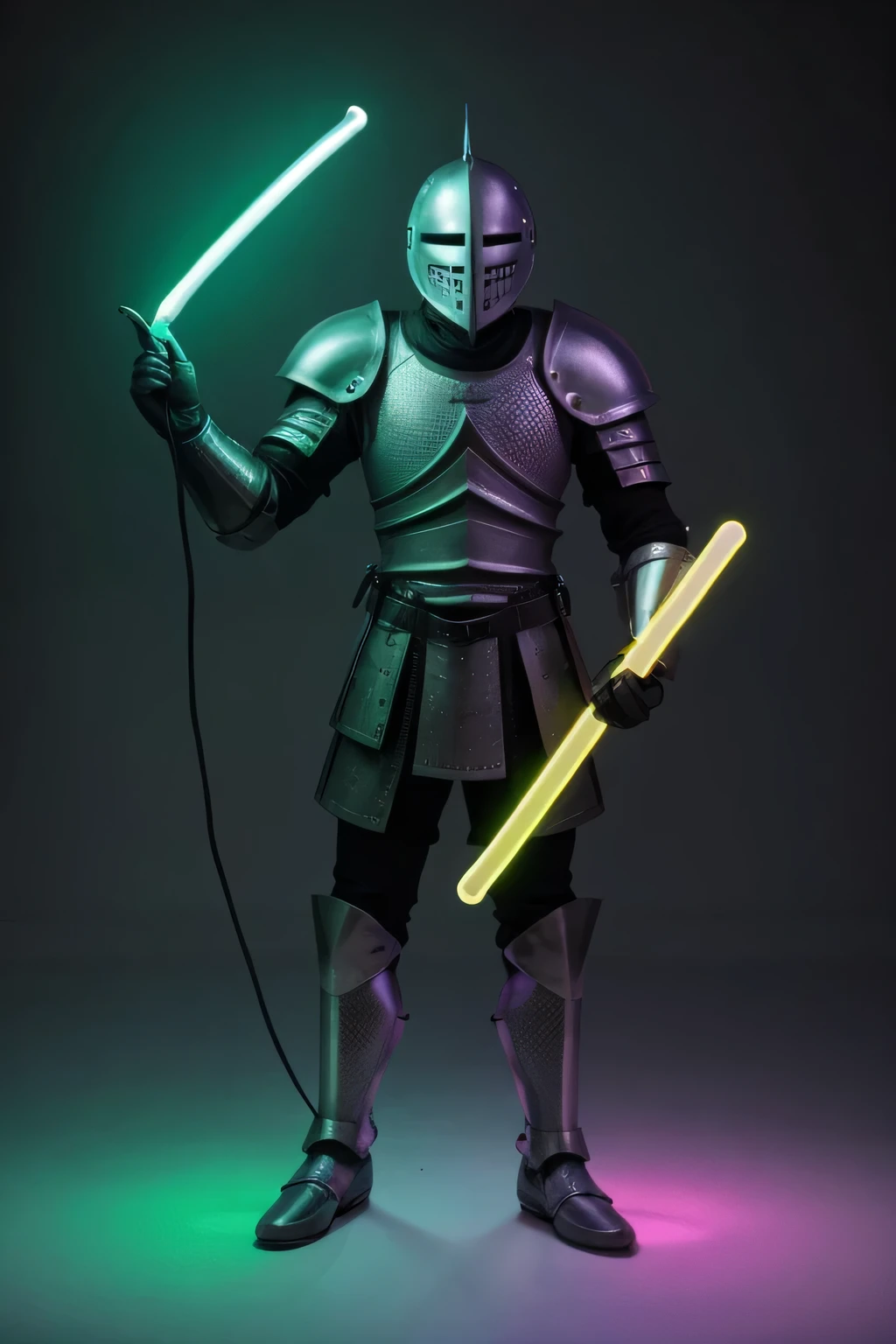 a simple cartoon knight, knight holding glow sticks in one hand and holding a vibrator in the other hand, plain background, knight vibrating, detailed digital art, 8k, high quality, vibrant colors, whimsical, humorous