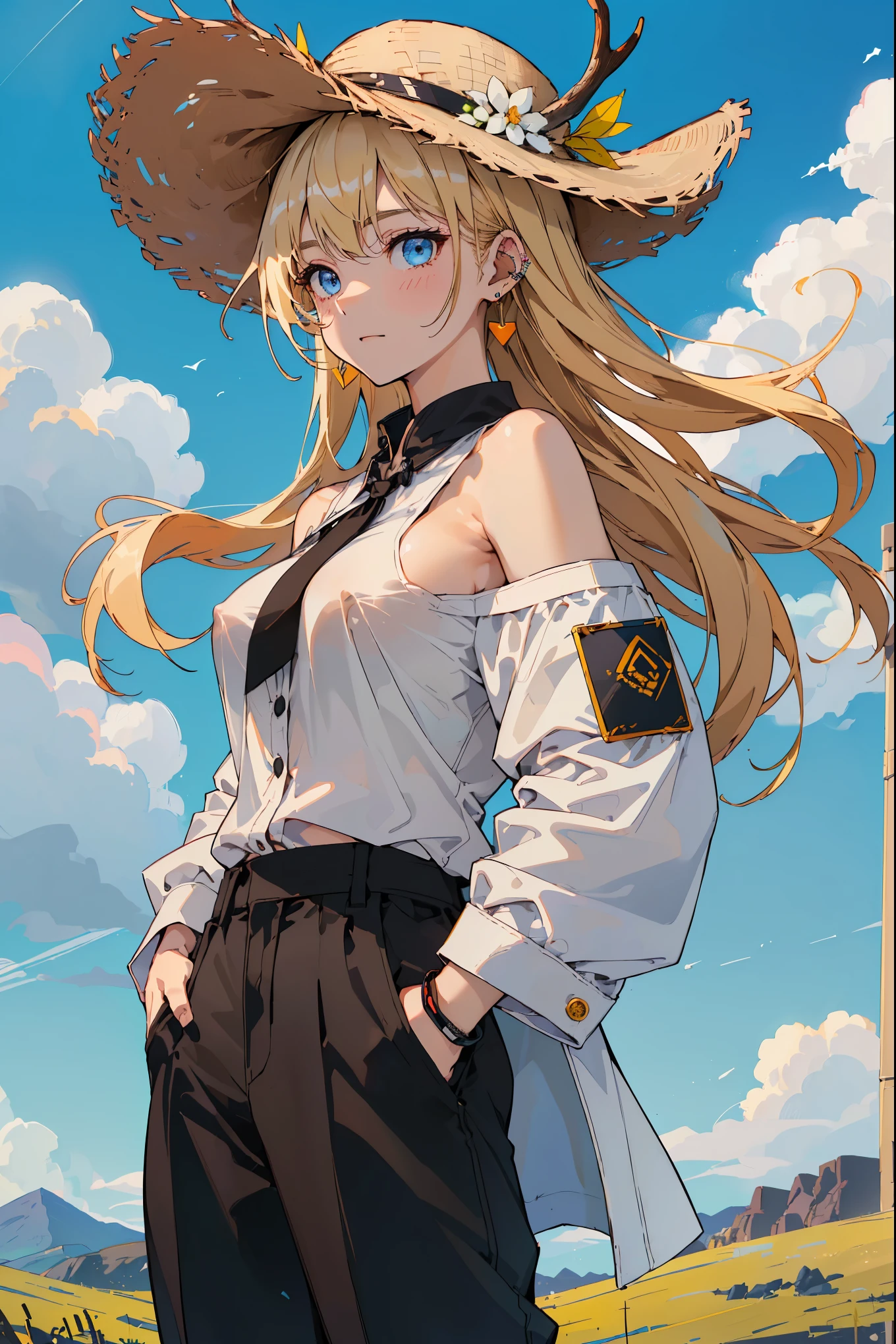 Top quality、Top image quality、masterpiece、girl((18 years old、White Off Shoulder Y-Shirt、Deer hunting hat、stylish long coat、Black pants、Best Bust、Bust 85、a blonde、long hair、blue eyes、Open your heart、valley、happiness、Black wristband on wrist、Slim、Earrings and Nipple Rings、The wind is blowing,Put your hands in your pockets、Changing audience&#39;mentality、Very cool expression)）high quality、Camera Film Style、background((Tokyo Night、Homicide scene))、depth(police officer、care、ambulance、nursing staff）on the table、cool style、Well-designed，huge , Crazy breast swelling, Chest larger than shoulder blades, Big breasts and thin waist，(huge breasts:1.2)，Hydrated skin（（rogue））（（非常huge乳房）），（（Grooves reveal original skin））