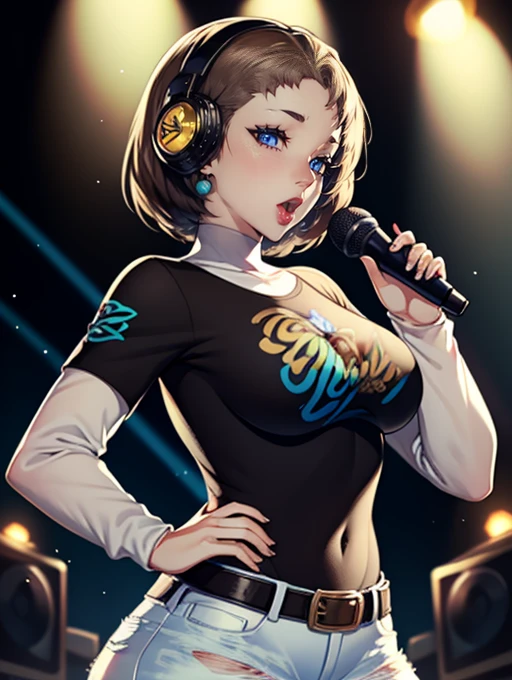 Mercedes, light brown hair,earrings ,lipstick, eye shadow, makeup, 1girl, solo, black t-shirt, white shirt, blue jeans, belt, lipstick, large breasts, layered sleeves, sexy pose, holding a microphone, singing, stage background, headphones